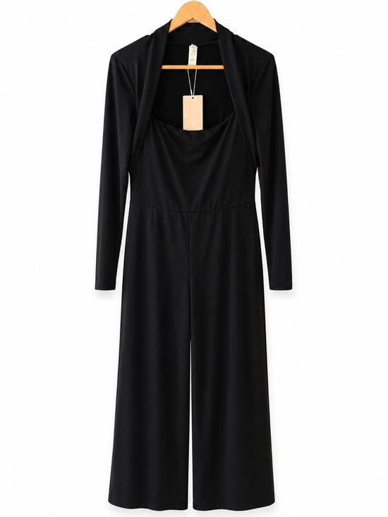 HALARA Pants - Halara Black Long Sleeve Wide Leg Jumpsuit Square Neck Stretch Size L NWT